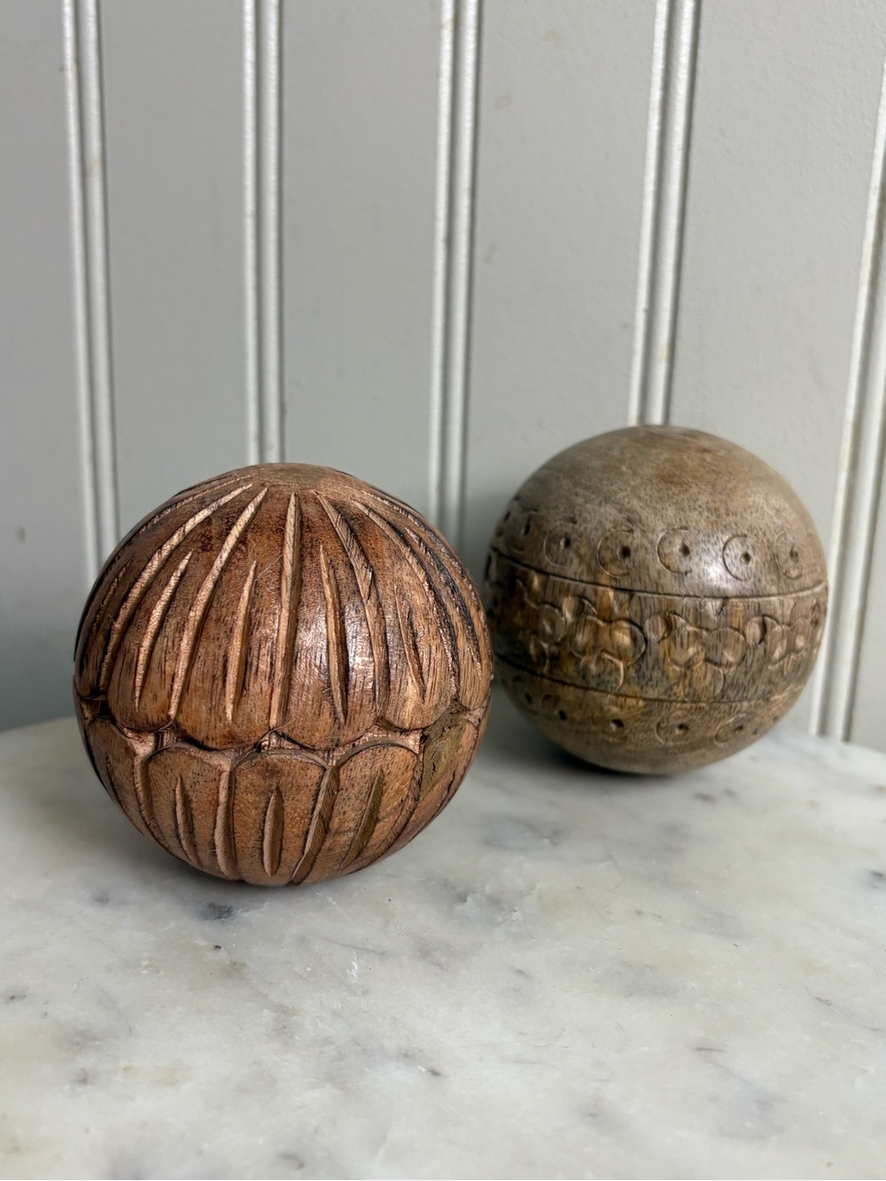 Pair of Hand-Carved Wooden Decorative Spheres/Balls/Orbs Bohemian Collectibles
